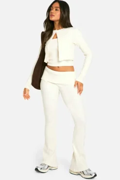 Knitted Tops*boohoo Brushed Rib Button Through Cardigan & Cami Top stone