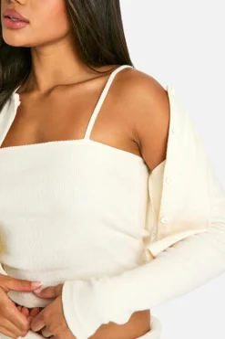 Knitted Tops*boohoo Brushed Rib Button Through Cardigan & Cami Top stone