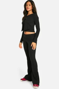 Knitted Tops*boohoo Brushed Rib Button Through Cardigan & Cami Top black