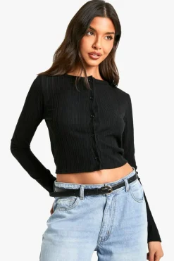 Cardigans*boohoo brushed rib BUTTON THROUGH cardigan black