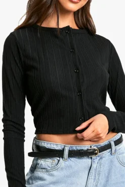 Cardigans*boohoo brushed rib BUTTON THROUGH cardigan black