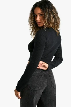 Long Sleeve Tops*boohoo Brushed Rib Crew Neck Long Sleeve Top black