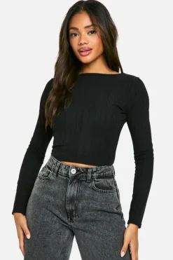 Long Sleeve Tops|Tops*boohoo Brushed Rib Crew Neck Long Sleeve Top black