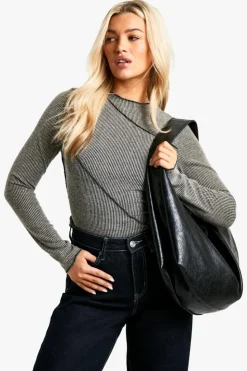 Long Sleeve Tops*boohoo Brushed Rib Exposed Seam Long Sleeve Top oatmeal