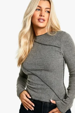 Long Sleeve Tops*boohoo Brushed Rib Exposed Seam Long Sleeve Top oatmeal