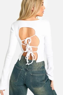 Long Sleeve Tops*boohoo Brushed Rib Tie Back Detail Long Sleeve Top white