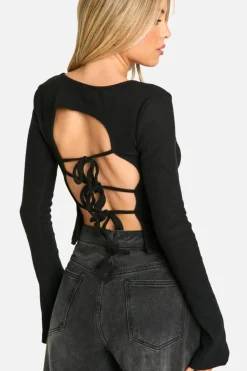 Long Sleeve Tops*boohoo Brushed Rib Tie Back Detail Long Sleeve Top black