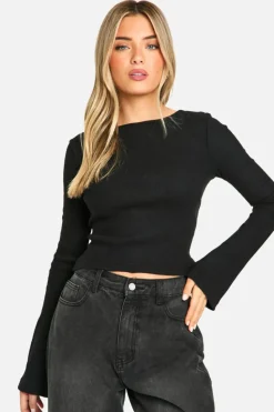 Long Sleeve Tops*boohoo Brushed Rib Tie Back Detail Long Sleeve Top black