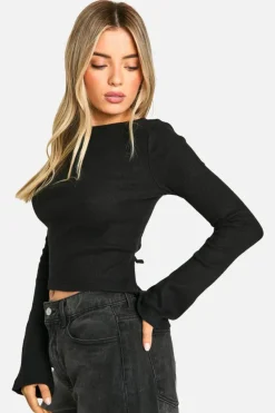 Long Sleeve Tops*boohoo Brushed Rib Tie Back Detail Long Sleeve Top black