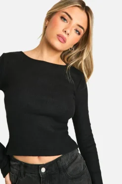 Long Sleeve Tops*boohoo Brushed Rib Tie Back Detail Long Sleeve Top black