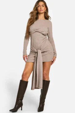 Bodycon Dresses*boohoo Brushed Rib Tie Long Sleeve Mini Dress taupe