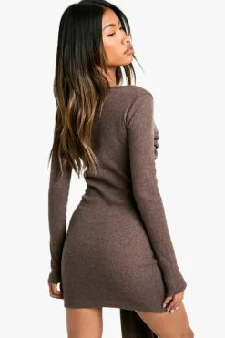 Bodycon Dresses|Mini Dresses*boohoo Brushed Rib Tie Long Sleeve Mini Dress chocolate