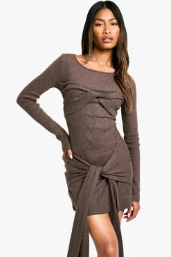 Bodycon Dresses|Mini Dresses*boohoo Brushed Rib Tie Long Sleeve Mini Dress chocolate