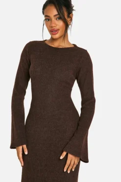 Long Sleeve Dresses|Long Sleeve Dresses*boohoo Brushed Rib Twist Back Midaxi Dress chocolate