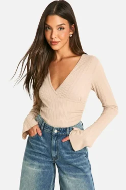 Long Sleeve Tops|Tops*boohoo Brushed Rib Wrap Front Long Sleeve Top stone