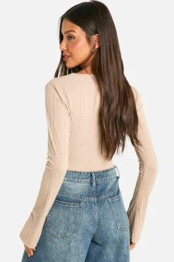 Long Sleeve Tops|Tops*boohoo Brushed Rib Wrap Front Long Sleeve Top stone
