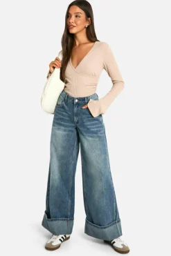 Long Sleeve Tops|Tops*boohoo Brushed Rib Wrap Front Long Sleeve Top stone