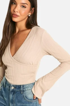 Long Sleeve Tops|Tops*boohoo Brushed Rib Wrap Front Long Sleeve Top stone