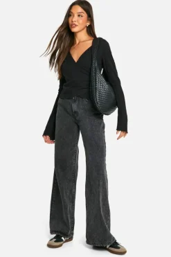Long Sleeve Tops|Tops*boohoo Brushed Rib Wrap Front Long Sleeve Top black