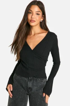 Long Sleeve Tops|Tops*boohoo Brushed Rib Wrap Front Long Sleeve Top black