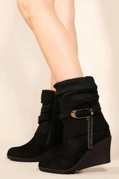 Wedges*Where's That From Bryony' Wedge Heel Slouchy Ankle Boots With Knitted Collar Black