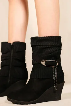 Wedges*Where's That From Bryony' Wedge Heel Slouchy Ankle Boots With Knitted Collar Black