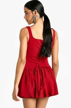 Skater Dresses|Mini Dresses*boohoo Bubble Hem Lace Up Mini Dresss red