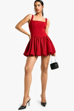 Skater Dresses|Mini Dresses*boohoo Bubble Hem Lace Up Mini Dresss red