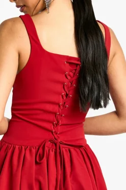 Skater Dresses|Mini Dresses*boohoo Bubble Hem Lace Up Mini Dresss red