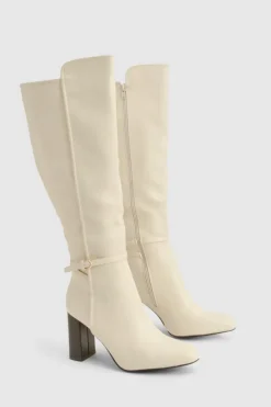 Heels|Over The Knee Boots*boohoo Buckle Detail Block Heel Knee High Boots cream