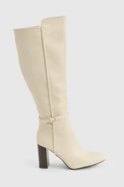 Heels|Over The Knee Boots*boohoo Buckle Detail Block Heel Knee High Boots cream
