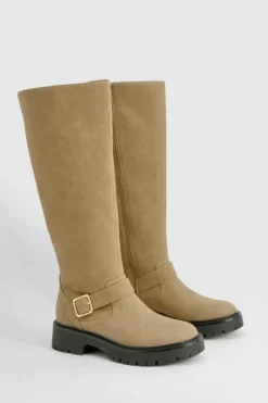Over The Knee Boots|Knee High Boots*boohoo Buckle Detail Chunky Knee High Boot taupe