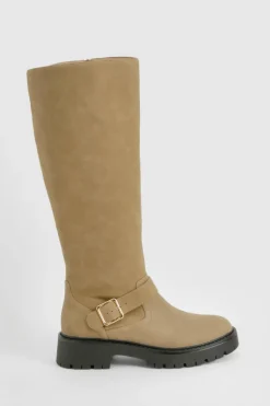 Over The Knee Boots|Knee High Boots*boohoo Buckle Detail Chunky Knee High Boot taupe