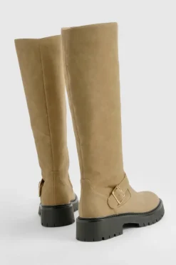 Over The Knee Boots|Knee High Boots*boohoo Buckle Detail Chunky Knee High Boot taupe