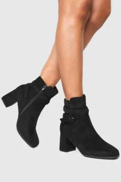 Heels|Heeled Boots*boohoo Buckle Detail Faux Suede Block Heel Ankle Boots black