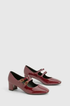 Ballet Flats|Flats*boohoo Buckle Detail Heeled Mary Janes dark red
