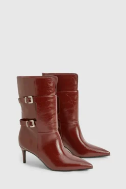 Calf High Boots*boohoo Buckle Detail Stiletto Calf High Boots oxblood