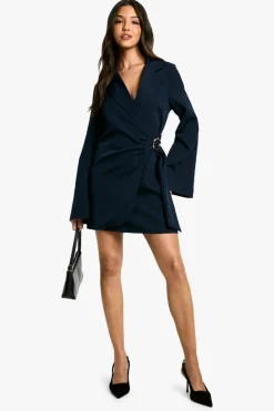 Blazer Dresses|Suits & Tailoring*boohoo Buckle Detail Tie Waist Tailored Blazer Dress navy