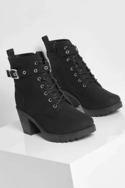 Chunky Boots|Biker Boots*boohoo Buckle Lace Up Chunky Hiker Boots black