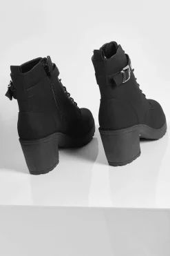 Chunky Boots|Biker Boots*boohoo Buckle Lace Up Chunky Hiker Boots black