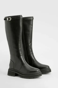 Over The Knee Boots|Knee High Boots*boohoo Buckle Strap Detail Chunky Knee High Boots black