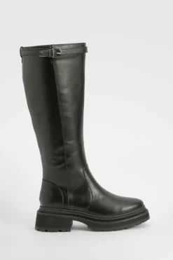 Over The Knee Boots|Knee High Boots*boohoo Buckle Strap Detail Chunky Knee High Boots black