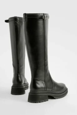 Over The Knee Boots|Knee High Boots*boohoo Buckle Strap Detail Chunky Knee High Boots black