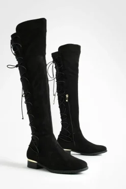 Over The Knee Boots|Knee High Boots*boohoo Bungee Lace Back Faux Suede Knee High Boots black