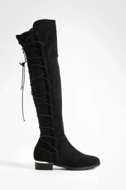 Over The Knee Boots|Knee High Boots*boohoo Bungee Lace Back Faux Suede Knee High Boots black