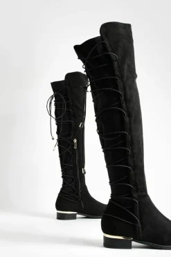 Over The Knee Boots|Knee High Boots*boohoo Bungee Lace Back Faux Suede Knee High Boots black
