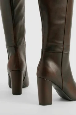 Heels|Over The Knee Boots*boohoo Burnished Knee High Block Heel Boots chocolate