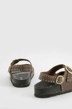 Sandals*boohoo Burnished Pu Studded Double Strap Dad Sandals chocolate