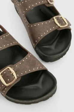 Sandals*boohoo Burnished Pu Studded Double Strap Dad Sandals chocolate