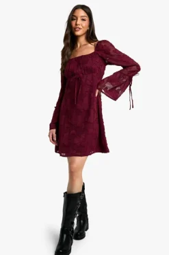 Mini Dresses*boohoo Burnout Floral Flare Sleeve Shift Dress merlot